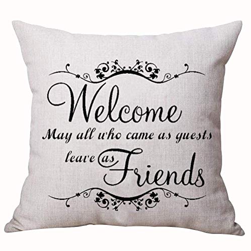 FPDecor Best Gifts Nordic Sweet Funny Inspirational Sayings Welcome May All Who Came As Quests Leave As Friends Cotton Linen Decorative Home Office Throw Pillow Case Cushion Cover Square 18X18 Inches