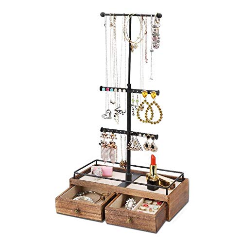 Fransande Organizador de joyas de metal y madera, caja de almacenamiento básica de 3 niveles, soporte de joyería para collares, pulseras y pendientes.