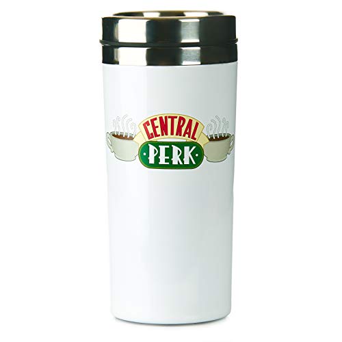 Friends Central Perk Taza de viaje | Taza de viaje reutilizable | Termo de café y té aislado | Fácil de limpiar | Mantiene las bebidas calientes | 450 ml de capacidad | a prueba de derrames y fugas