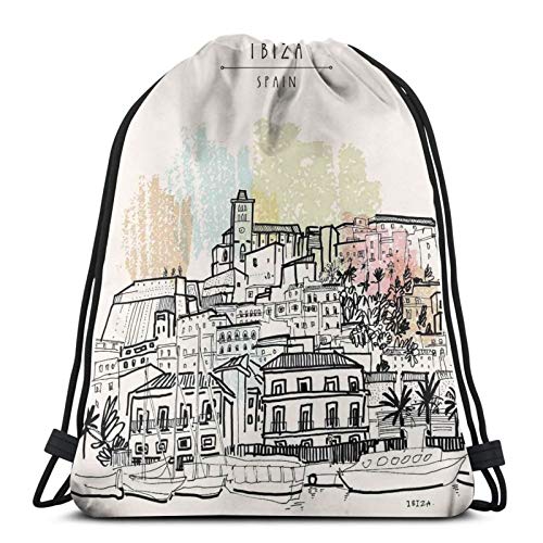 Fuliya Gym Drawstring Bags Backpack,Sketch Style Balearic Islands Spain Hand Drawn Historical Buildings And Boats Travel,Unisex Drawstring Backpack