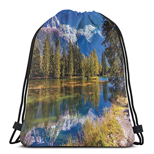 Fuliya Gym Drawstring Bags Backpack,Snow Covered Alps Peaks Covered With Fir Trees In Lake Natural Paradise,Unisex Drawstring Backpack