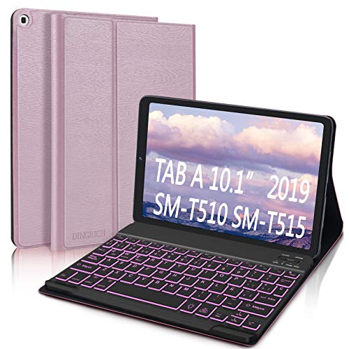 Funda con Teclado Español Ñ para Samsung Galaxy Tab A 10.1 2019, DINGRICH Bluetooth Teclado 7 Color Retroiluminación Inalámbrico Extraíble Magnético para Samsung Galaxy Tab A 10.1 T510/T515 Oro Rosa …