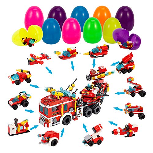 FunsLane Easter Eggs STEM Juguetes de construcción para niños, 557 piezas de camiones de bomberos, juguetes para niños, bloques de construcción de ingeniería, kit de vehículos de construcción, 25 en 1
