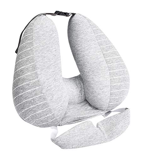 GAESHOW 2 en 1 Almohada para el Cuello en Forma de U con máscara para los Ojos para el Viaje en automóvil de avión Partículas de Espuma de Siesta para Dormir(Gris Claro)