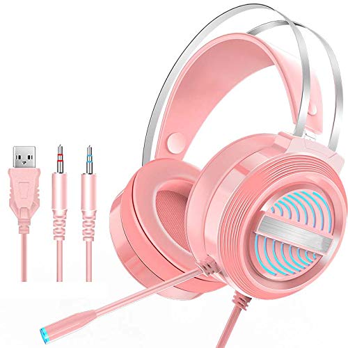 GFDGFDG Auriculares de PC para videojuegos, con luz LED RGB, micrófono con cancelación de ruido, suave memoria sobre la oreja con cable para Mac portátil, color rosa