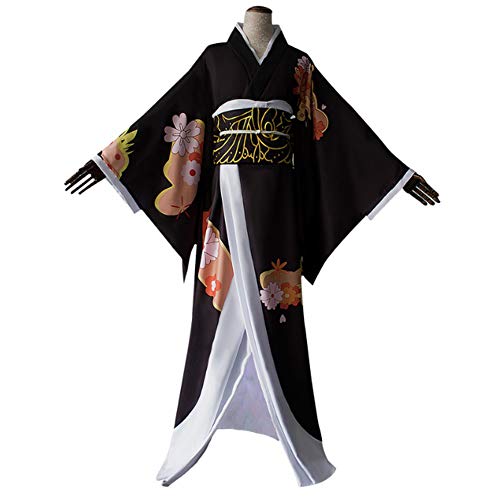 GGOODD Hermosa Bata de Kimono Negra para Mujer, Cuello de Doble Capa a Prueba de Viento y Cálido,Impresión de Alta Definición,Kimono Tradicional Japonés Kibutsuji Muzan Disfraz de Cosplay,XL