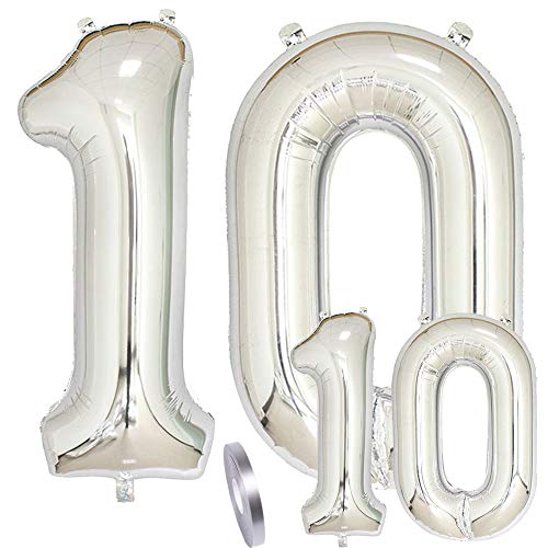 Globos Número 10 Cumpleaños XXL Plata - Figuras de globos de lámina gigante en 2 tamaños 40 "y 16" | Set 100cm + Mini 40cm version Decoraciones de cumpleaños | Ideal para la décima como decoración.