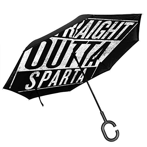 God of War Straight Outta Sparta NWA paraguas invertido de doble capa para coche reversa plegable boca abajo manos en forma de C, ligero y resistente al viento, regalo ideal