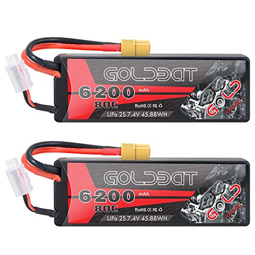 GOLDBAT 2S RC Battery 7.4V 80C 6200mAh RC LiPo Battery Hardcase Pack with XT60 Plug for RC Car Evader RC Truggy Buggy RC Helicopter LKW Truck Evader RC Hobby (2Packs)