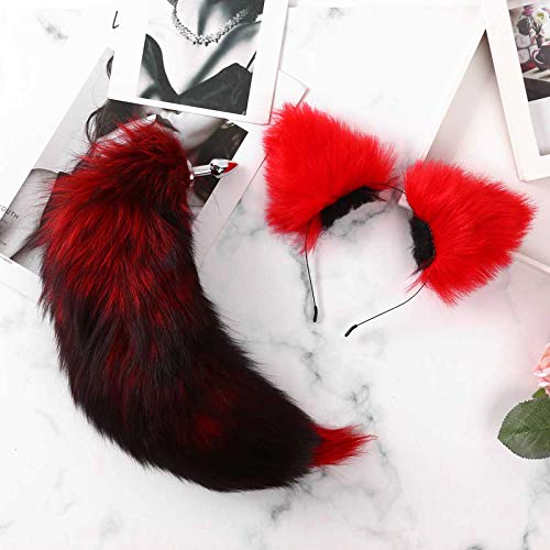 Golf Tọys Ạdults Faux Fur Animal Ears Headband Fluffy Long Tail Metal Anạl Bụtt Plụg Erotic Accessories Set Women Couples Roleplay-Red Black