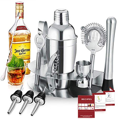 Gomyhom Coctelera Profesional, Cocteleras de Cóctel 750ml, Kit Cocteleria Barman Profesional 12 Piezas, Cocktail Set con Soporte de Madera Juego de Regalo, Ideal para Bar, Hogar Mezclar Bebidas