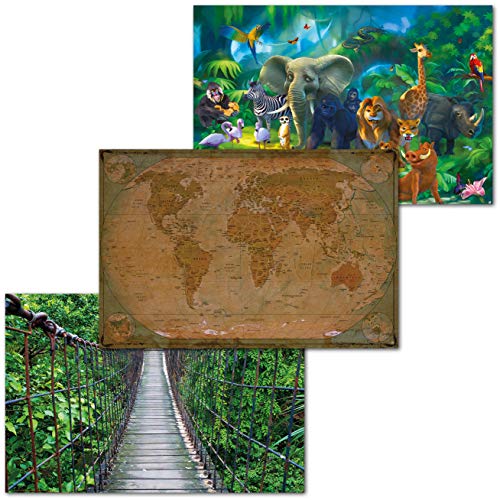 GREAT ART 3er Set XXL Poster Kinder Motive – Jungle Explorer – Weltkarte historischer Look Dschungel Tiere Hängebrücke Maya Dekor Inneneinrichtung Wandbild Plakat je 140 x 100 cm