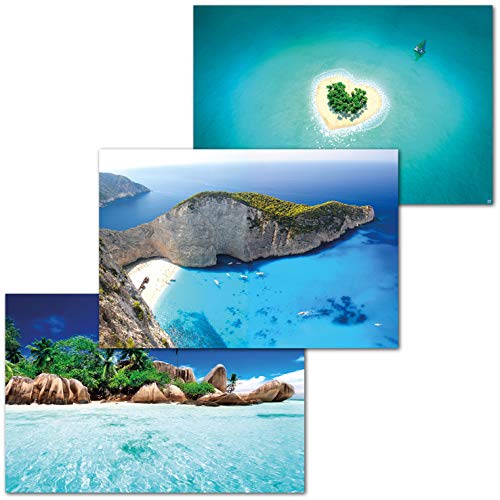 GREAT ART Juego de 3 Carteles XXL – Islas – Zakynthos Heart Island Seychelles Shipwreck Caribbean Ocean Decoración de Pared de Interiores póster Cada uno de 140 x 100 cm