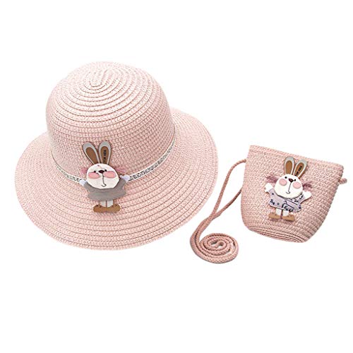 GROOMY Sun Hat, Kids Summer Straw Sun Hat with Handbag Cartoon Rabbit Pompom Vacation Beach Cap-C