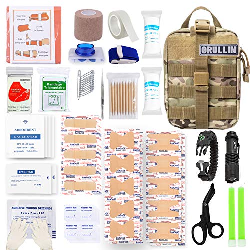 GRULLIN Kit de Control de Sangrado de Primeros Auxilios táctico de Emergencia EMT, Bolsa Militar MOLLE de liberación rápida con cizalla de Trauma, férula, Vendajes para heridas, Equipo