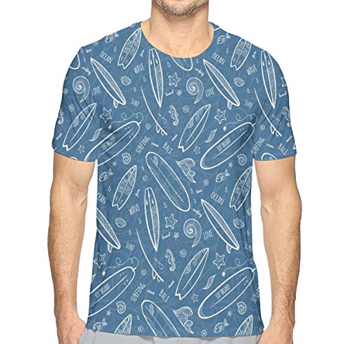 GUUi Mens 3D Printed T Shirts,Blue Waters Oceanic Elements Waves Swirls Doodle White Outlines Hobby Fun Times XXL