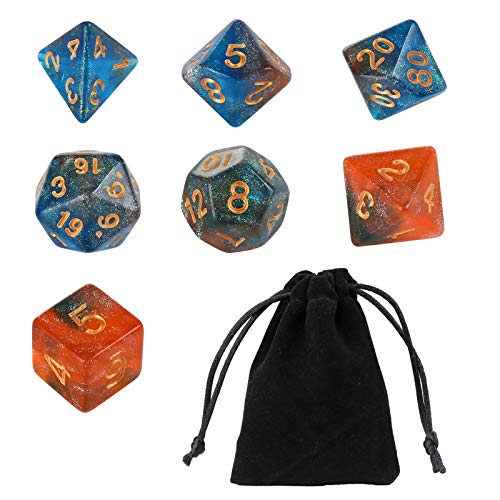 GWHOLE 7 Piezas Dados Poliédricos Dados para Juegos de rol y Mesa Dungeons y Dragons DND RPG MTG con Bolsa Negra (Brillo Azul Naranja)