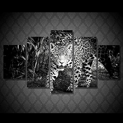 GZSBYJSWZ Wall Art Pictures - Póster decorativo para el hogar, 5 piezas, diseño de animales del bosque, negro y blanco leopardo impreso en alta definición, pintura moderna sobre lienzo