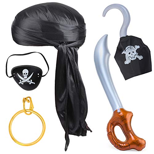 Haichen 5 Piezas Accesorios para Disfraces de Piratas de Halloween Durag Tapa para la Cabeza de Cola Larga Gorra Parche en el Ojo de Pirata Pendiente de Oro Gancho de Espada Juego de