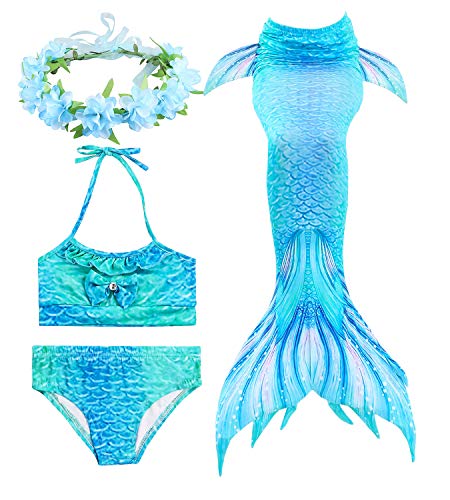 Hifunbay Cola de Sirena Niña para Nadar Incluido Traje de Sirena Baño de Bikini de 3 Piezas y Diadema con Guirnaldas de Flores sin monoaleta (DH06-B08, 120)