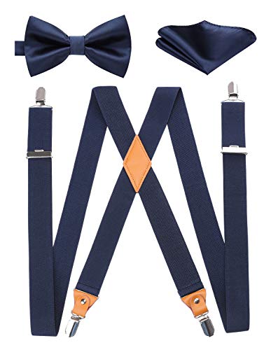 HISDERN X forma de tirantes de los hombres Pre-atado Bow Tie Pocket Square Classic 3 unids azul marino juego de suspension ajustable azul