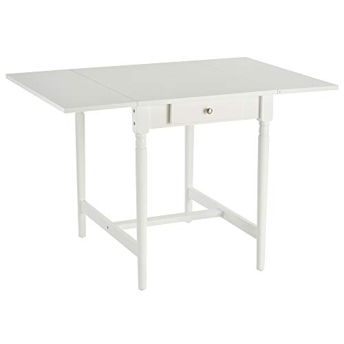 HOMCOM Mesa Extensible de Comedor con 2 Tableros Laterales Plegables 1 Cajón Estable en MDF Patas Macizas de Madera de Pino Carga 60 kg 115x78x76 cm Blanco