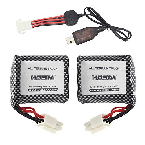 Hosim 2pcs 9.6V 800mAh Cargador de batería de Iones de Litio Recargable para automóvil y Cargador USB de 1 Pieza, repuestos para Hosim 9112 9122 9123 1/12 RC camión Todo Terreno(Tercera versión)