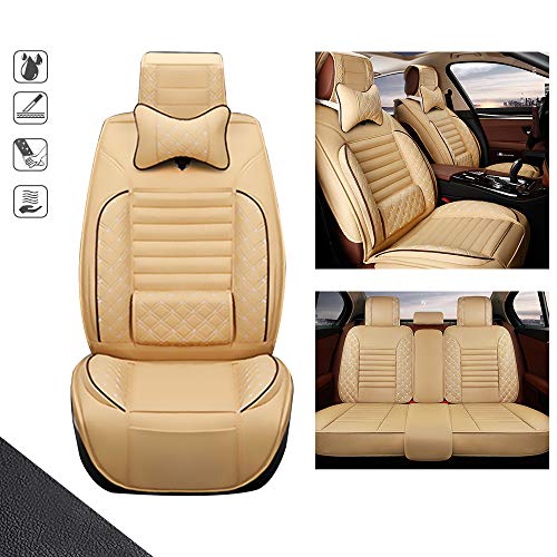 huitelai Fundas de asiento de coche para J aguar XJ8 2004-2009 5 asientos de piel sintética impermeable fácil instalación – Juego completo y 2 almohadas de lujo edición beige