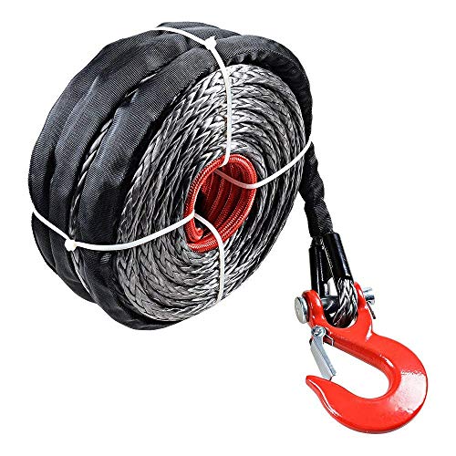 HUKOER 3/8" x 29m Cuerda Sintética Negra del Remolque con Funda Protectora y Gancho 19000 lbs para Barco Ramsey Camión ATV UTV KFI