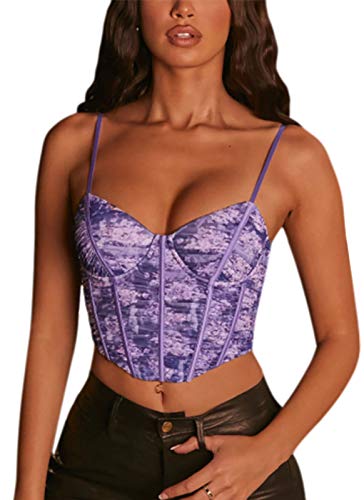 Huyghdfb Women's Sexy Push Up Bustier Corset Top Strapless Off Shoulder Slim Patchwork Y2K Crop Tank Tops Clubwear Outerwear (Purple, S)