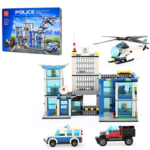 HZYM Conjuntos de policía de la ciudad, 882 unidades de estación de policía con figuras pequeñas, helicóptero, motocicleta y coche de policía, bloques de construcción compatibles con Lego