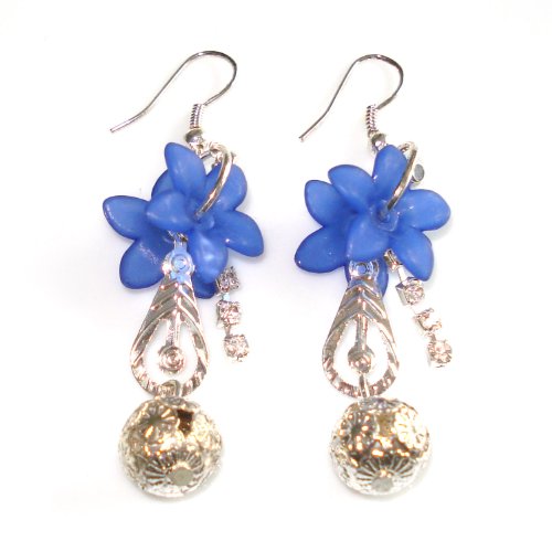 Idin Pendientes de gota – Flores azules con cuentas plateadas (Longitud: 6 cm aprox.)