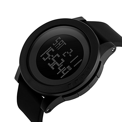 iWatch Reloj de pulsera para hombre, resistente al agua hasta 50 m, digital, LED, alarma, calendario, deportivo, cronómetro, con esfera redonda sencilla y correa de silicona, color negro