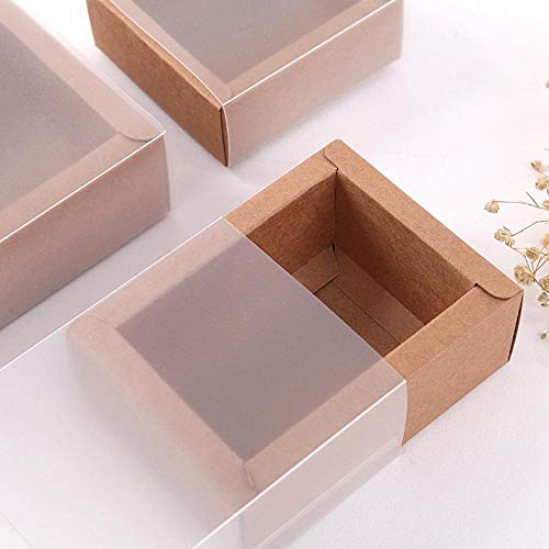 JDV Caja de embalaje de papel de estraza de 5 piezas con caja transparente de PVC para magdalenas para bodas (interior marrón, 14 x 7 x 3 cm).