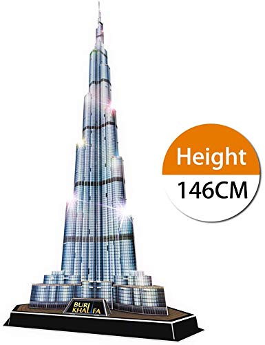 JEANMISS Rompecabezas 3D Dubai Burj Khalifa Night Edition 146CM con Luces Multicolores, Arquitectura Modelo Kit de construcción Juguetes Regalo para Adultos y niños 136 Piezas