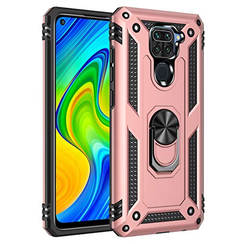 JMstore Funda Compatible con Xiaomi Redmi Note 9 Anillo Soporte[Funciona con El Montaje Coche Magnético]+Protectores Pantalla(Rose Oro)