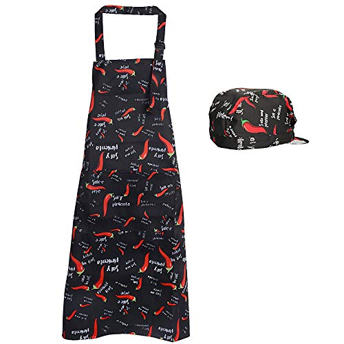 JNCH Kit Delantal de Cocina + Gorro de Cocina Delantal Babero Delantal Largo con Bolsillo Negro para Hombre Mujer Unisex Chef Cocinero Camarero Hogar Restaurante Bar Pandería Hotel (Pimiento Rojo)