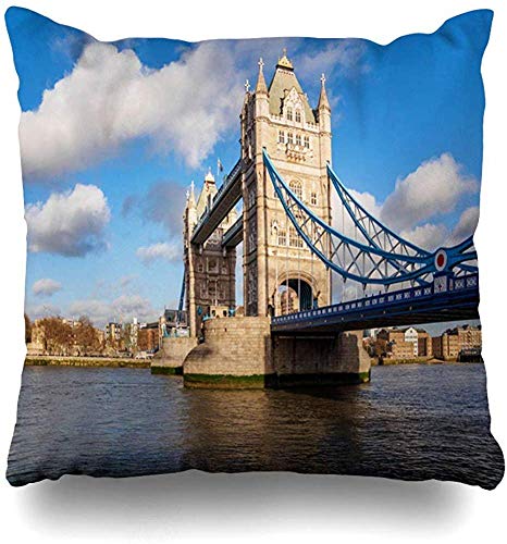 JONINOT Doble Cojines Fundas 18" Atracción Azul Brillante Famoso Tower Bridge Cielo Nublado por la mañana Gran Bretaña Capital británica Funda de Almohada Suave para la Piel
