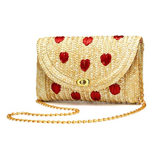 JOSEKO bolso de mensajero de paja, bolso de playa para mujer, bolso de sobre tejido de paja, bolso de compras para mujer, viajes al aire libre (Corazón bordado)