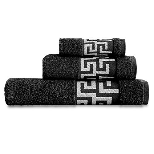 Juego de Toallas de Baño 3 Piezas Lisas. Calidad Rizo Algodon Egipcio 500 gr. Tamaños de Toallas de baño Tocador Lavabo y Ducha Sabana. Toallas baño Grandes. Cenefa Dibujo Cesar. Color Negro Juego de Toallas de Baño 3 Piezas Lisas. Calidad Rizo Algodon Egipcio 500 gr. Tamaños de Toallas de baño Tocador Lavabo y Ducha Sabana. Toallas baño Grandes. Cenefa Dibujo Cesar. Color Negro