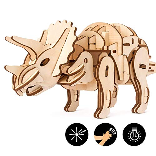 JXJ 3D Rompecabezas de Madera-Control Remoto Juguete Dinosaurio con Sonido Mini Triceratops Modelo-Caminar y rugir niños y Adultos
