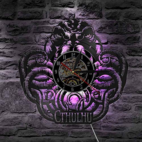 KEC Cthulhu - Reloj de pared con diseño de pulpo calamar de dibujos animados, diseño de ídolos de Eldritch, reloj de pared de la deidad de Cthulhu mitos, decoración del hogar, luz LED de pared