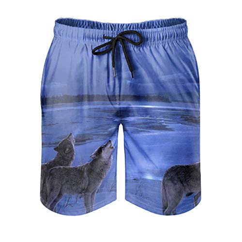 kikomia Pantalones cortos de playa para hombre, diseño de lobo, con impresión de noche lunar, traje de baño con bolsillos, color blanco, 3XL