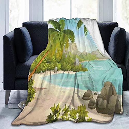 KKAIYA Flannel Fleece Throw Blankets,Exotic Beach with Coconut Palm Trees and Rocks Journey Oceanic Coastal Design,Soft Fluffy Throws Microfiber Blanket,80 * 60