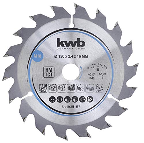 kwb 581857 - Hoja de sierra circular para madera y madera dura, 130 x 16 mm, cortes limpios, número medio, 18 dientes Z-18, hoja de sierra CleanCut media, 130 x 16 mm