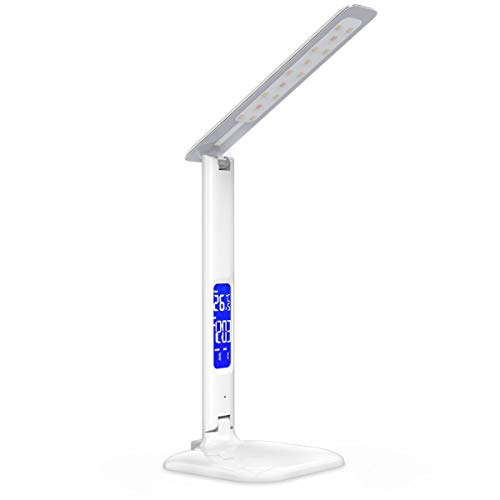 kwmobile Lámpara de mesa LED con pantalla LCD - Lámpara de escritorio con carga USB - Calendario indicador temperatura y fecha