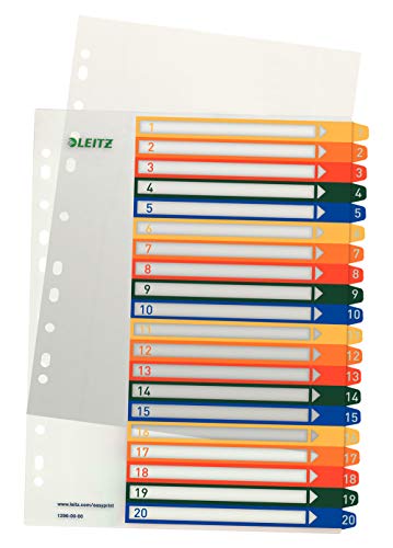 Leitz Índice 1-20, Imprimible con Ordenador, A4, Plástico Rígido, Extra Ancho, Blanco/Multicolor, 12960000