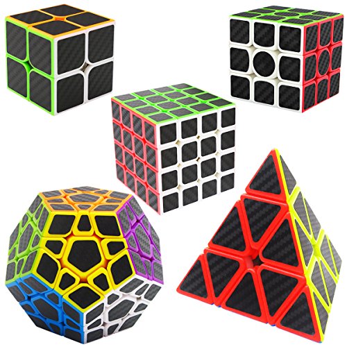 LSMY Speed Cubes 2x2x2 + 3x3x3 + 4x4x4 + Pyraminx + Megaminx, 5 Pack Puzzle Mágico Cubo Carbon Fiber Sticker Toy