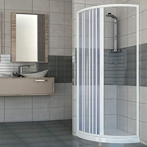 Mampara de ducha con una puerta de apertura lateral semicircular. Fabricado en PVC no tóxico autoextinguible. Reducible a través del corte del riel. Color blanco.