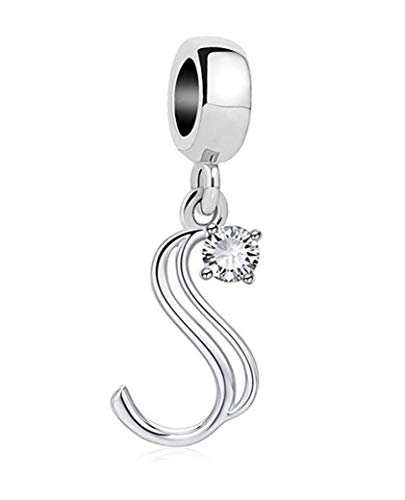 Maria Fonte - Colgante Charm Bead Charm en Forma de Letra Inicial del Nombre en Plata con Circonita, Compatible con Las Marcas más Populares de Pulseras y Collares. (Carta S)